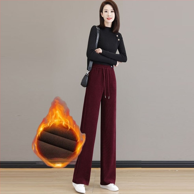 Ženske hlače za jesen/zimu s flis podstavom, ravni kroj, visok pas, vezanje, casual stil