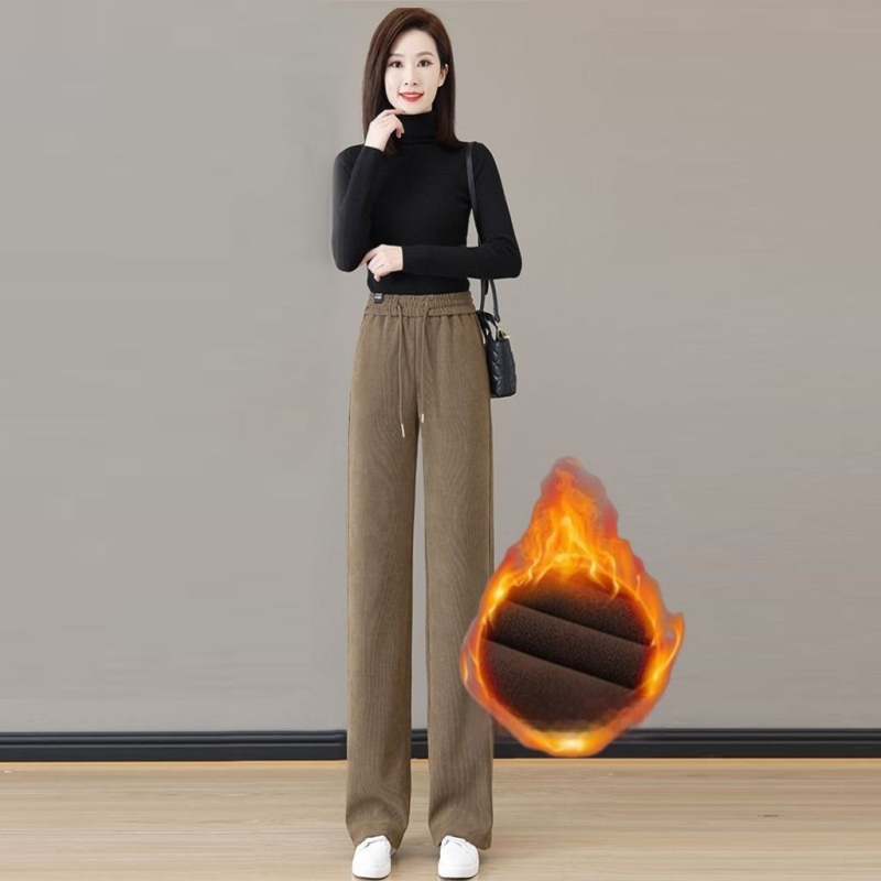 Ženske hlače za jesen/zimu s flis podstavom, ravni kroj, visok pas, vezanje, casual stil