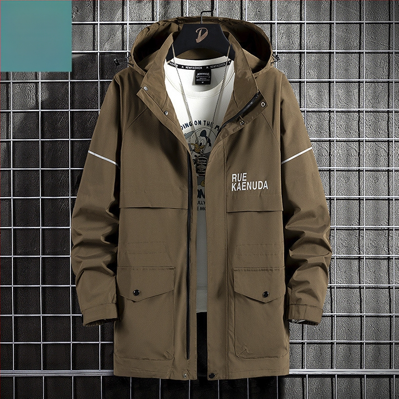 Muška windbreaker jakna s kapuljačom, plus veličina, jesenska srednja duljina, ležerni stil