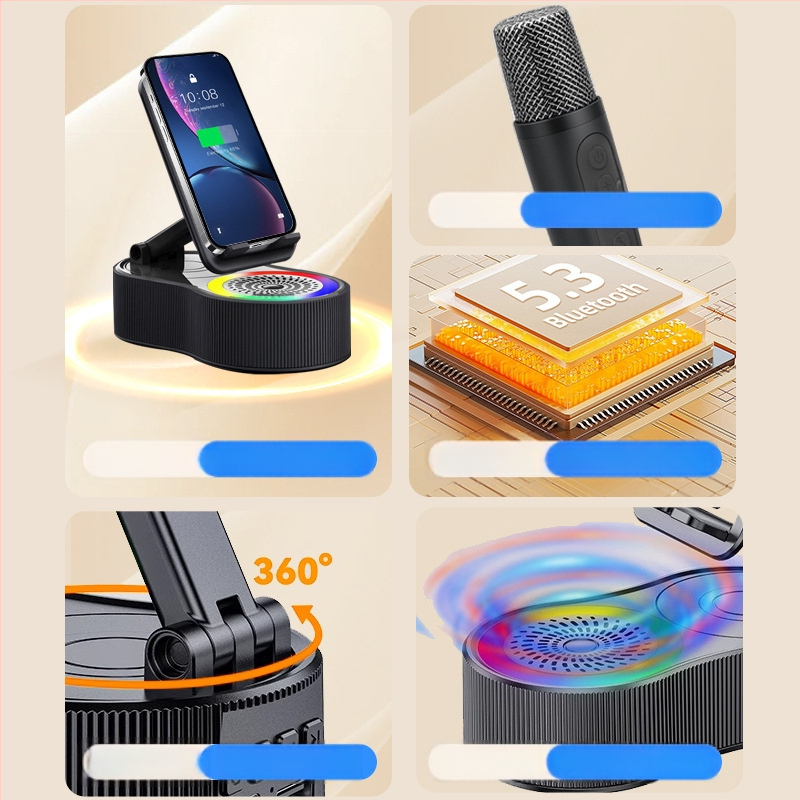 Prijenosni Bluetooth zvučnik s 5-u-1 karaoke Power Bank, RGB svjetlom i držačem za mobitel