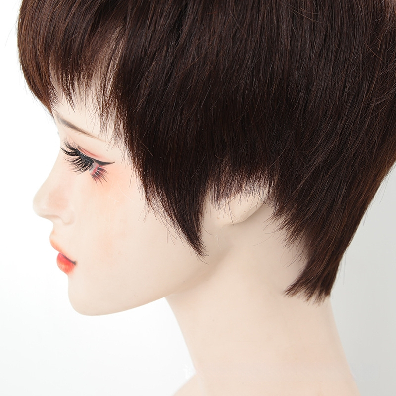 Perucă scurtă dreaptă pentru femei, țesută manual, păr uman, potrivită pentru perm și vopsire