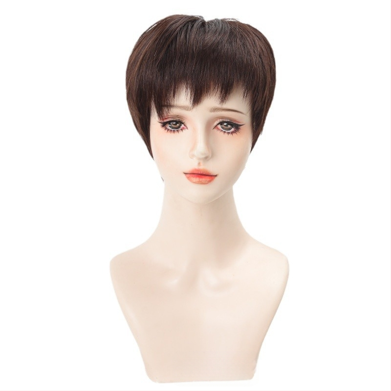 Perucă scurtă dreaptă pentru femei, țesută manual, păr uman, potrivită pentru perm și vopsire