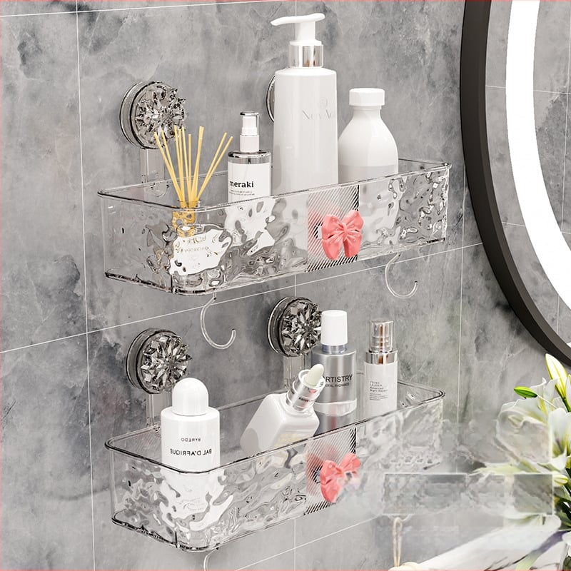 Plastový nástenný zásobník do kúpeľne s prísavkou, bez vŕtania, model 23560, motív motýľ, na uskladnenie kozmetiky a hygienických potrieb, moderný minimalistický štýl