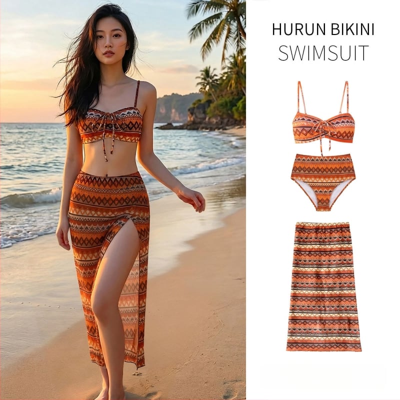 Ženski trodjelni bikini set za plažu: gornji dio, donji dio i duga suknja s prorezom, pogodna za plivanje, seksi etno stil