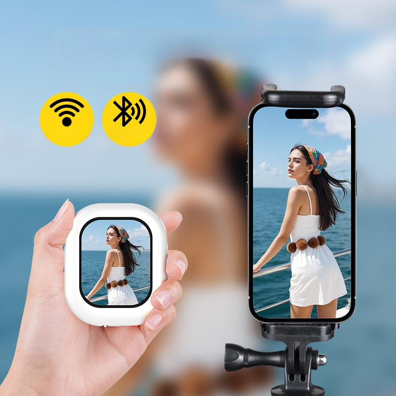 Szelfihez vezeték nélküli képernyő-tükröző eszköz hátsó kamerával, modell T3s, Bluetooth 4.0, Anyag: ABS+szilikagél+mágneses rögzítés, Tömeg: 200 g