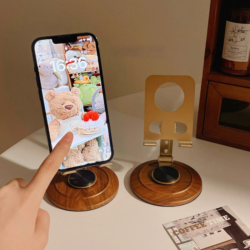 Univerzalni metalni nosač za telefon s 360° rotacijom, stolna podrška s retro drvenom teksturom za gledanje serija i uživo prijenos