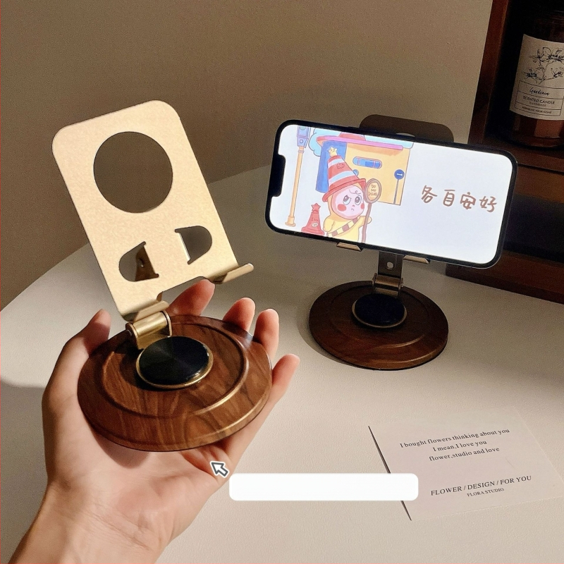 Univerzalni metalni nosač za telefon s 360° rotacijom, stolna podrška s retro drvenom teksturom za gledanje serija i uživo prijenos