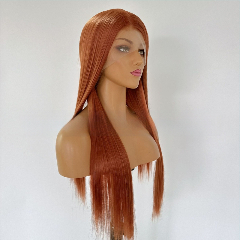 Tamno narančasta duga ravna perika s prednjom čipkom 13x4 cm, termički otporna sintetička vlakna, cosplay