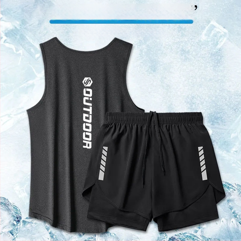 Muški fitness set: top bez rukava i šortsi, brzo suši, prozračan Ice Silk materijal, za ljeto, košarku i trčanje (izgled dvodijelnog seta)
