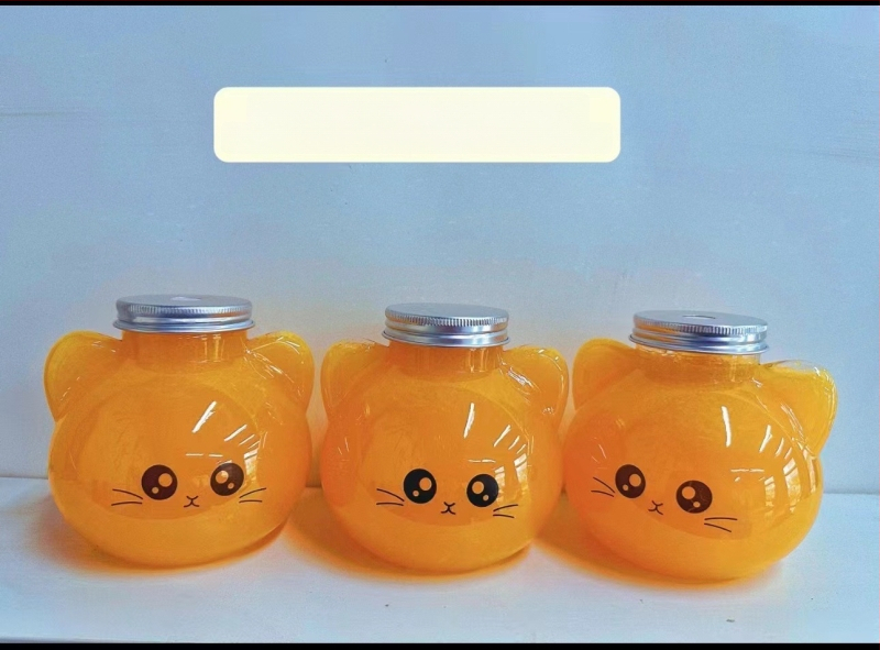 Cupe din plastic pentru ceai cu lapte, design în relief, imprimare logo, capac și pai, temă pisică