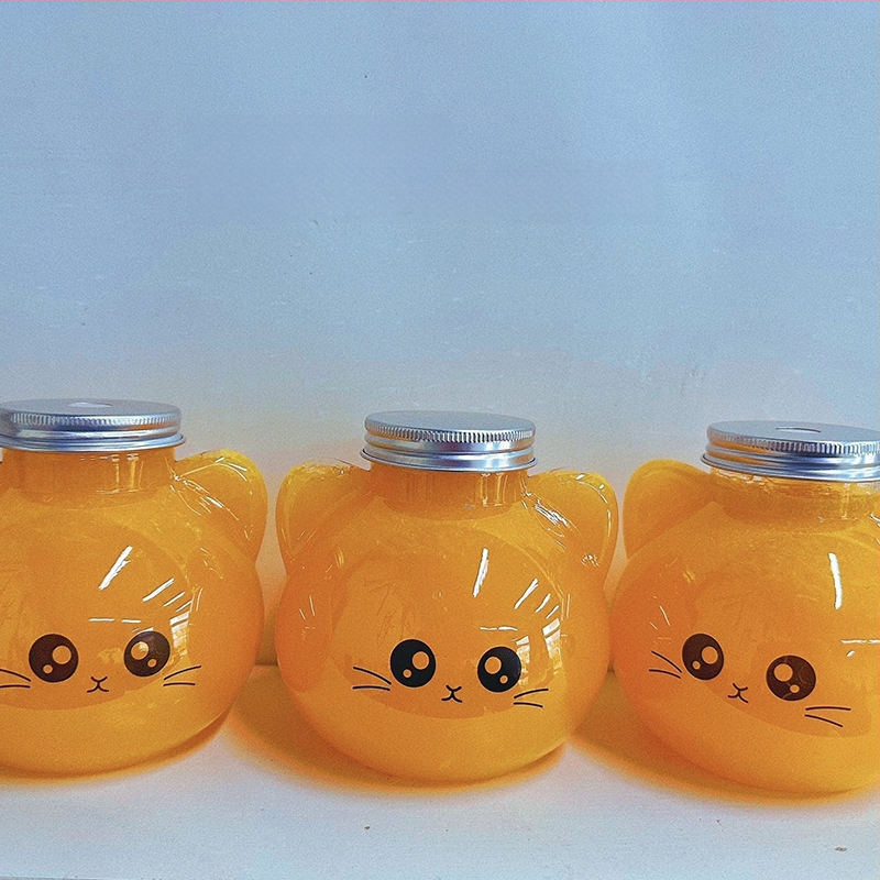 Cupe din plastic pentru ceai cu lapte, design în relief, imprimare logo, capac și pai, temă pisică