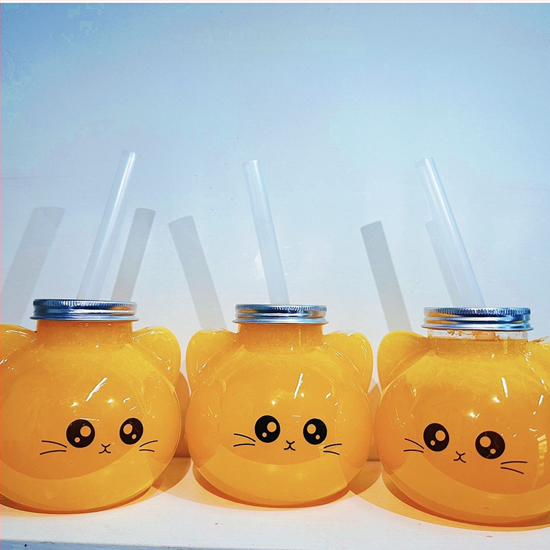 Cupe din plastic pentru ceai cu lapte, design în relief, imprimare logo, capac și pai, temă pisică