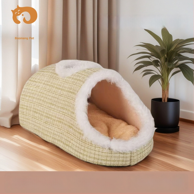Debelo 3D mačje gnijezdo Macaron, dvobojno, toplo za jesen-zimu, s otvorima za ventilaciju, prijenosno s ručkom, mekani pjenasti ležaj, prugasti uzorak