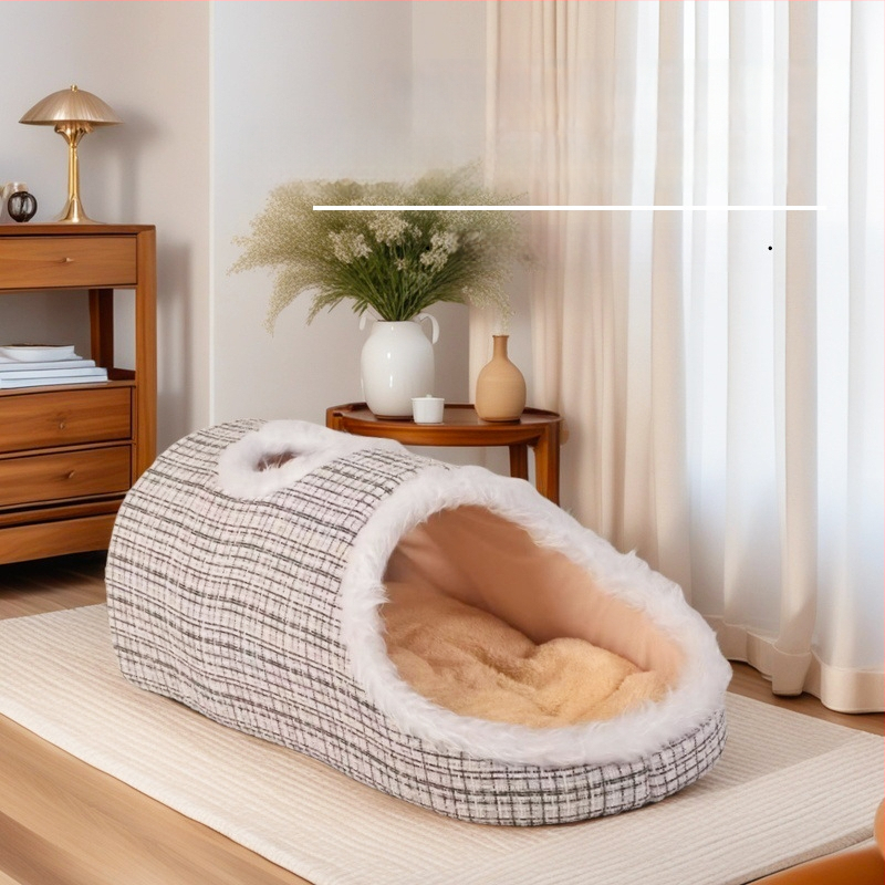 Debelo 3D mačje gnijezdo Macaron, dvobojno, toplo za jesen-zimu, s otvorima za ventilaciju, prijenosno s ručkom, mekani pjenasti ležaj, prugasti uzorak