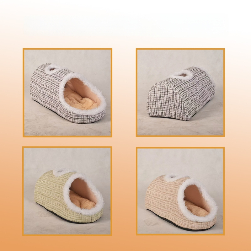 Debelo 3D mačje gnijezdo Macaron, dvobojno, toplo za jesen-zimu, s otvorima za ventilaciju, prijenosno s ručkom, mekani pjenasti ležaj, prugasti uzorak