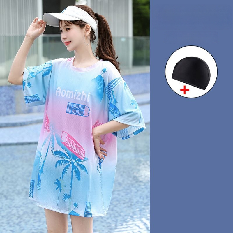 Női 3-részes konzervat úszóruha szett a tengerparti nyaraláshoz, gradient mintával, mellpárnákkal, poliészter-elasztán (5%), középmagas ujjak