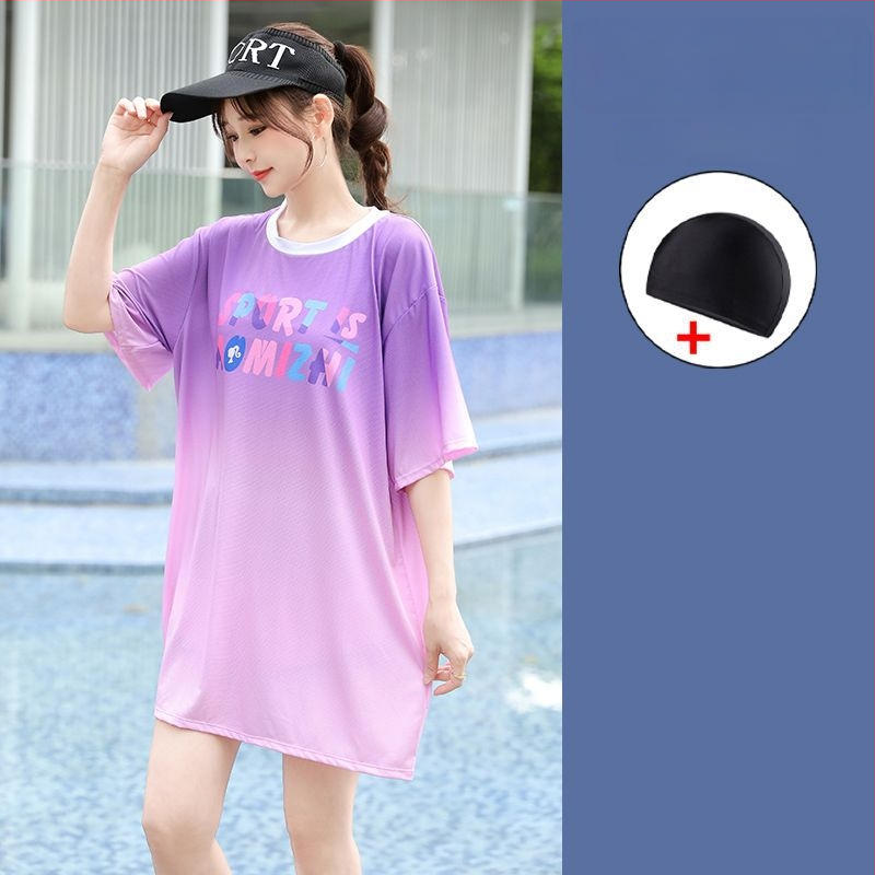 Női 3-részes konzervat úszóruha szett a tengerparti nyaraláshoz, gradient mintával, mellpárnákkal, poliészter-elasztán (5%), középmagas ujjak