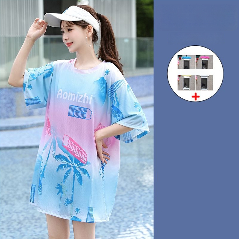 Női 3-részes konzervat úszóruha szett a tengerparti nyaraláshoz, gradient mintával, mellpárnákkal, poliészter-elasztán (5%), középmagas ujjak