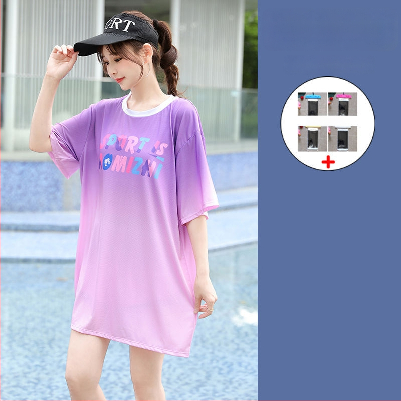 Női 3-részes konzervat úszóruha szett a tengerparti nyaraláshoz, gradient mintával, mellpárnákkal, poliészter-elasztán (5%), középmagas ujjak