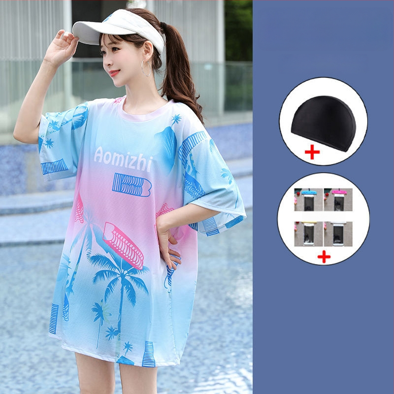 Női 3-részes konzervat úszóruha szett a tengerparti nyaraláshoz, gradient mintával, mellpárnákkal, poliészter-elasztán (5%), középmagas ujjak