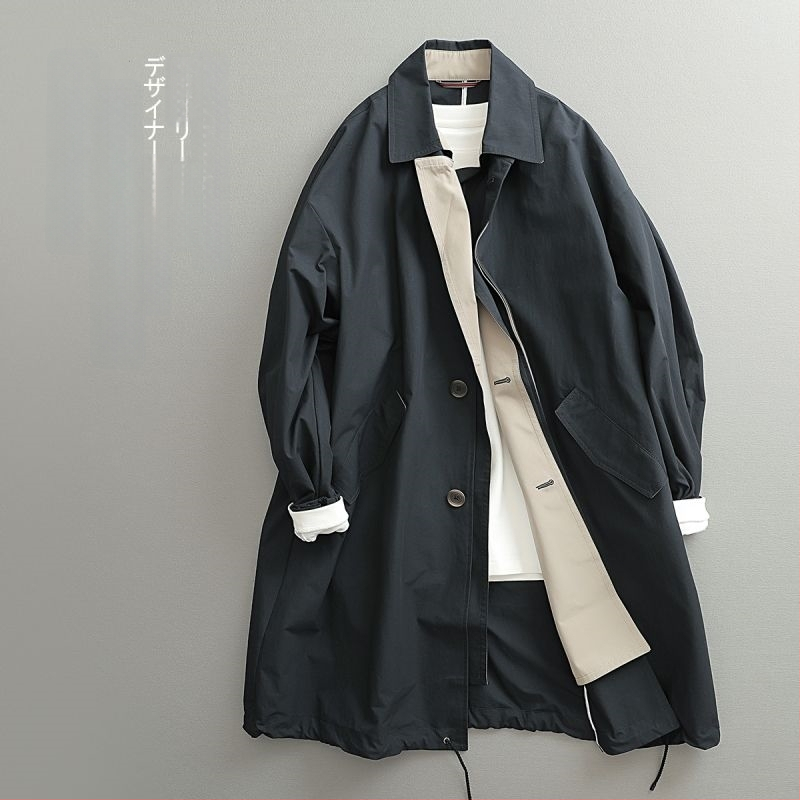 Muški kaput u japanskom stilu, svestran, srednje dužine, trench coat, slobodan kroj, za jesen