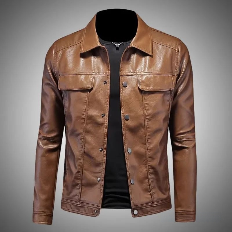 Muška kratka kožna jakna, uski kroj, minimalistički casual stil, ovčja koža, proljeće i jesen, zatvarač