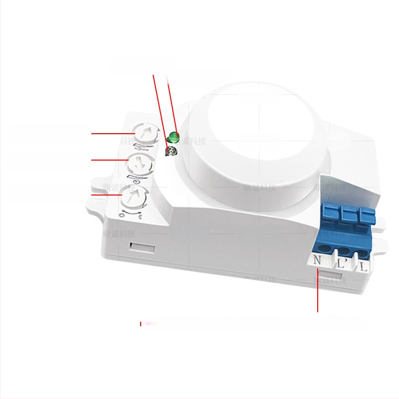 Greenway 5.8G μικροκυμάτων ραντάρ αισθητήρας, κατάλληλος για εσωτερικό/εξωτερικό φωτισμό, διαδρόμους, σχολεία, εμπορικά κέντρα, πάρκινγκ και αποθήκες; ρυθμιζόμενη καθυστέρηση 8 δευτερόλεπτα–12 λεπτά; τάση AC100-240V / DC12-24V; CE