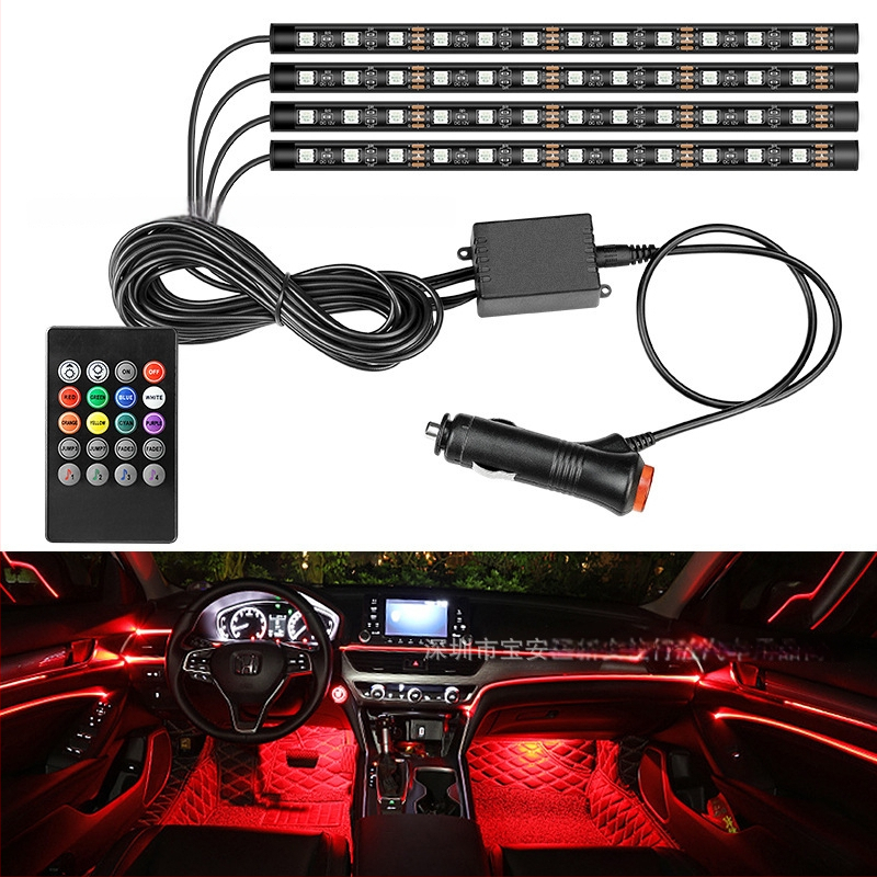 RGB ambijentalno svjetlo za prostor za noge u automobilu s kontrolom zvuka, ritam glazbe, podjela 1 na 4, bez žica