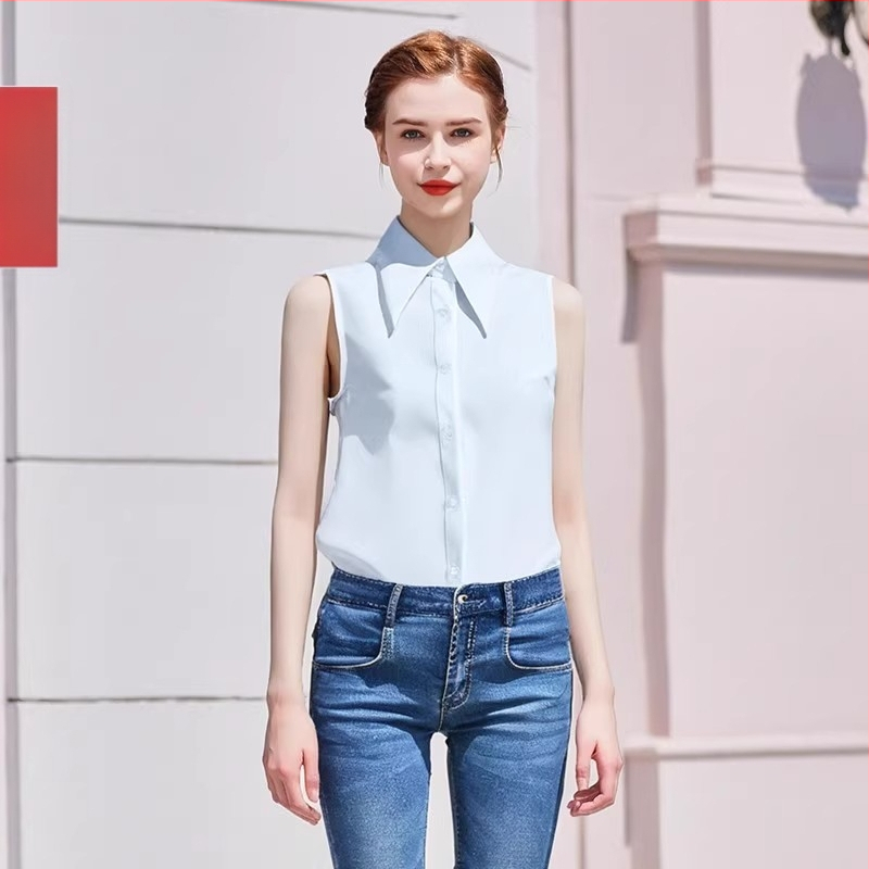 Ženska bez rukava košulja s velikim oštrim ovratnikom i lažnim ovratnikom za slojevito nošenje, elegantan uredski top