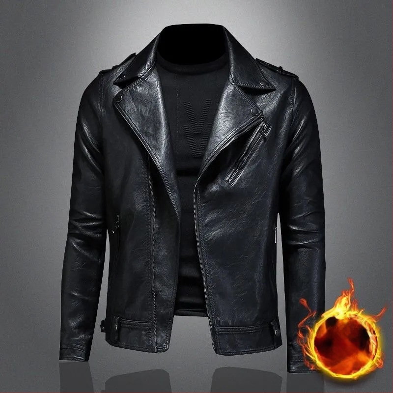 Muška kožna jakna za motocikle, uski kroj, zatvarač sprijeda, od ovčje kože, fleece podstava, street rock stil