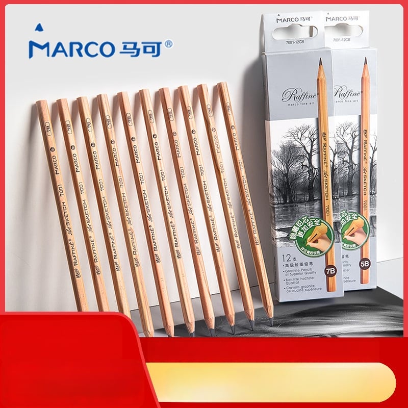 Marco 7001 професионален художествен комплект моливи — дървени моливи 2B и HB, графитни и въглен моливи, 12 бр. в кутия, 240 кутии в кашон