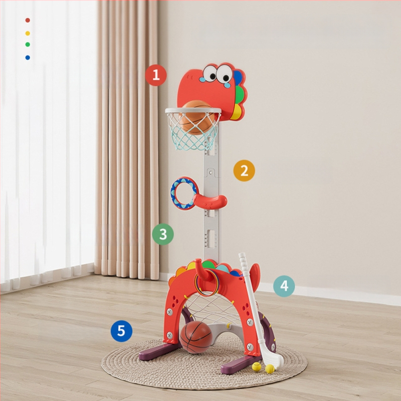 Вътрешна регулируема баскетболна рамка за деца – пет в едно игрово комплект, пластмасова конструкция, за деца на 4–6 години