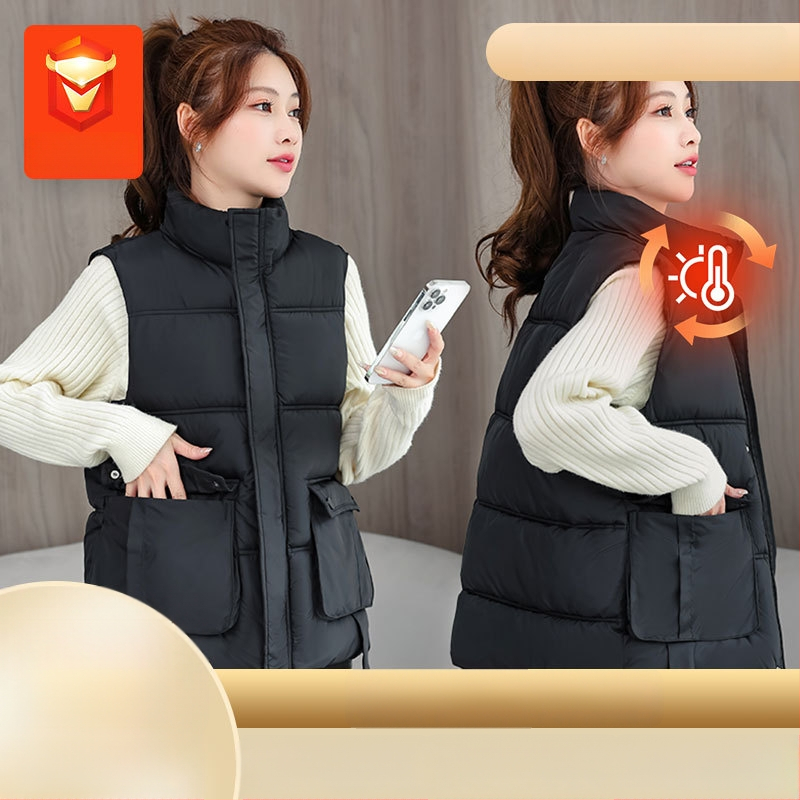 Vesta feminină cu umplutură din puf-pamuc – guler înalt, croială lejeră, model dungat/caro, țesătură poliester-viscoză, izolație groasă