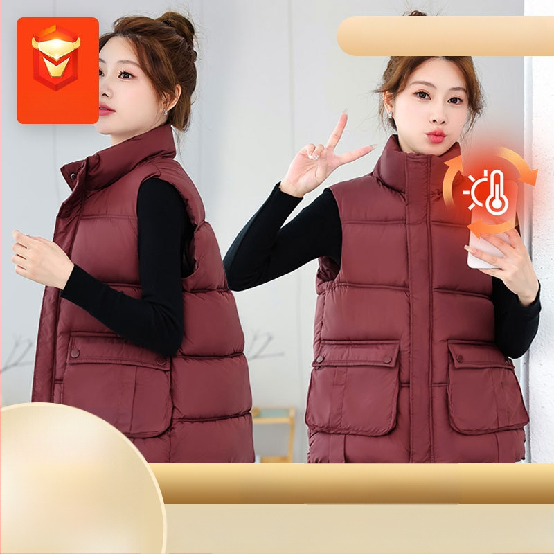 Vesta feminină cu umplutură din puf-pamuc – guler înalt, croială lejeră, model dungat/caro, țesătură poliester-viscoză, izolație groasă