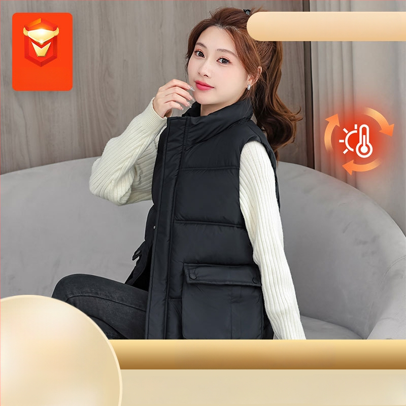 Vesta feminină cu umplutură din puf-pamuc – guler înalt, croială lejeră, model dungat/caro, țesătură poliester-viscoză, izolație groasă