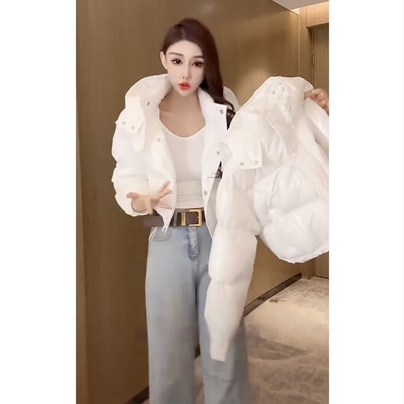 Дамско късо глянцово пухено яке с качулка, ултра къс модел А-образна кройка, без ръкави, пълнеж от коприна и памук