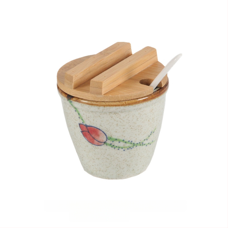 Керамичен релефен комплект бурканчета за подправки с капаци и отворено горло, японски стил, сол и пипер