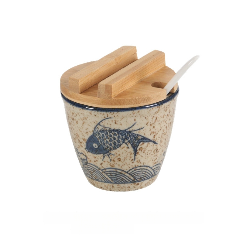 Керамичен релефен комплект бурканчета за подправки с капаци и отворено горло, японски стил, сол и пипер