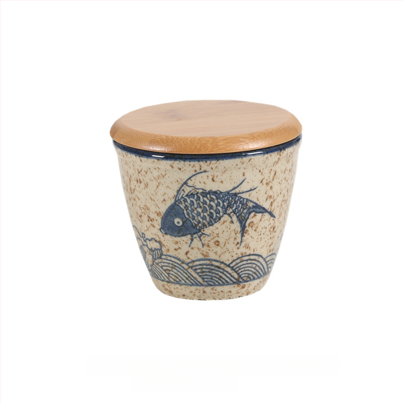 Керамичен релефен комплект бурканчета за подправки с капаци и отворено горло, японски стил, сол и пипер