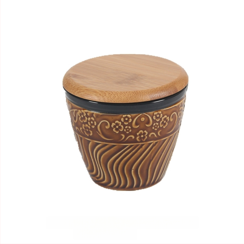 Керамичен релефен комплект бурканчета за подправки с капаци и отворено горло, японски стил, сол и пипер