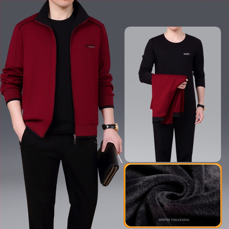 Унисекс спортен костюм за зима, памучна материя, поло яка, дебела флийс подплата