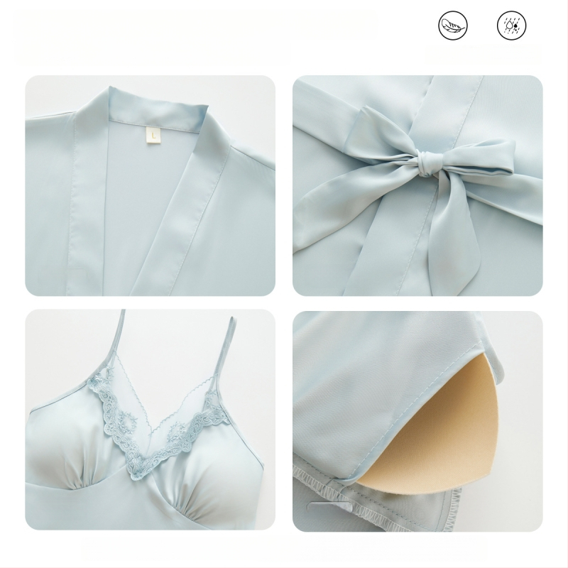 Cămașă de noapte din mătase de gheață pentru femei — cu bretele și căptușeală pentru bust, 90–95% poliester, Primăvara 2025