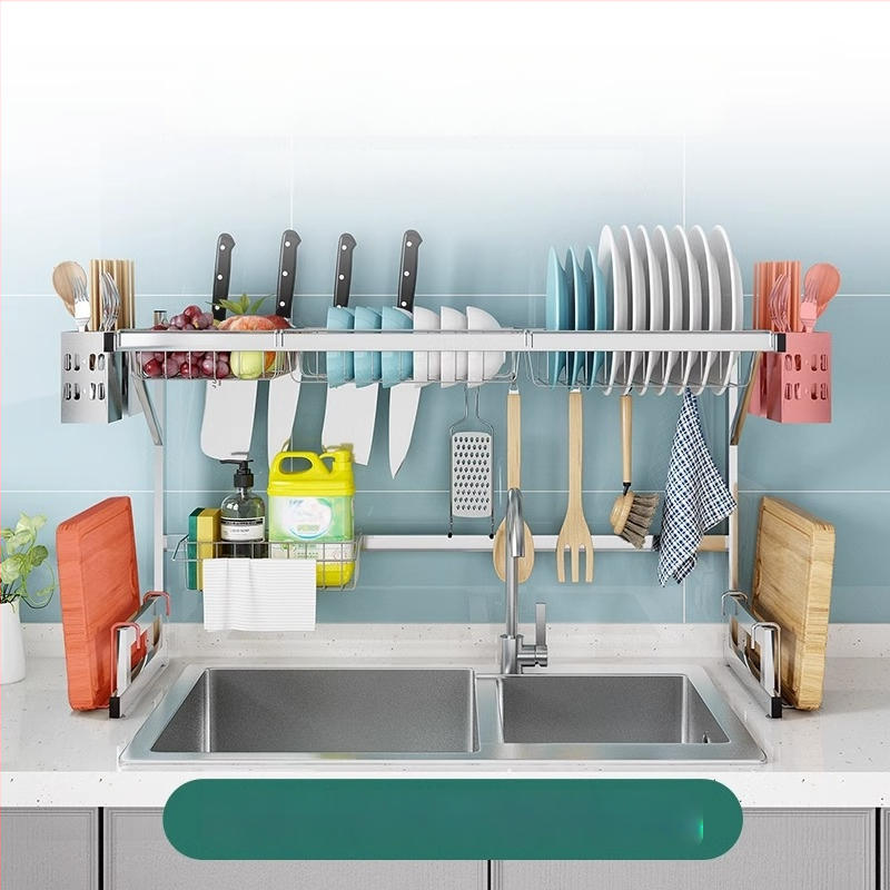 Стоманен кухненски рафт за съхранение, многоетажна поставка за мивка и сушене на съдове, държач за ножове, мултифункционално съхранение
