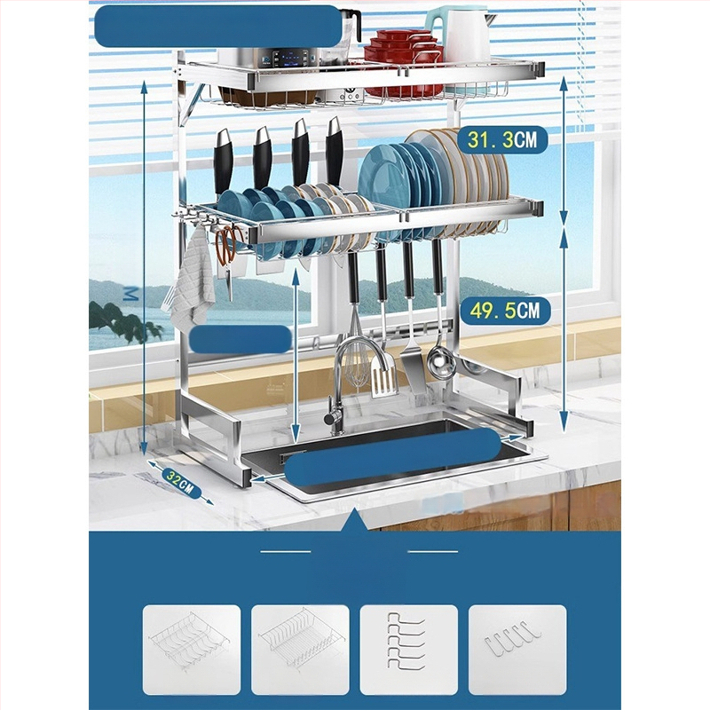 Стоманен кухненски рафт за съхранение, многоетажна поставка за мивка и сушене на съдове, държач за ножове, мултифункционално съхранение