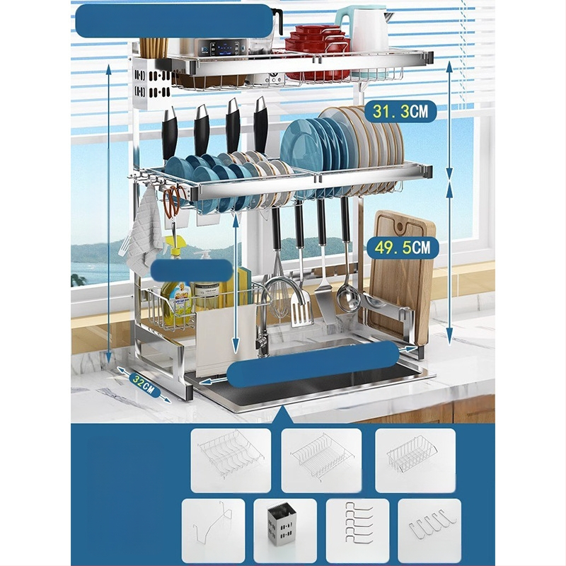 Стоманен кухненски рафт за съхранение, многоетажна поставка за мивка и сушене на съдове, държач за ножове, мултифункционално съхранение