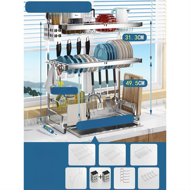 Стоманен кухненски рафт за съхранение, многоетажна поставка за мивка и сушене на съдове, държач за ножове, мултифункционално съхранение