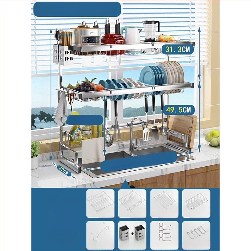 Стоманен кухненски рафт за съхранение, многоетажна поставка за мивка и сушене на съдове, държач за ножове, мултифункционално съхранение