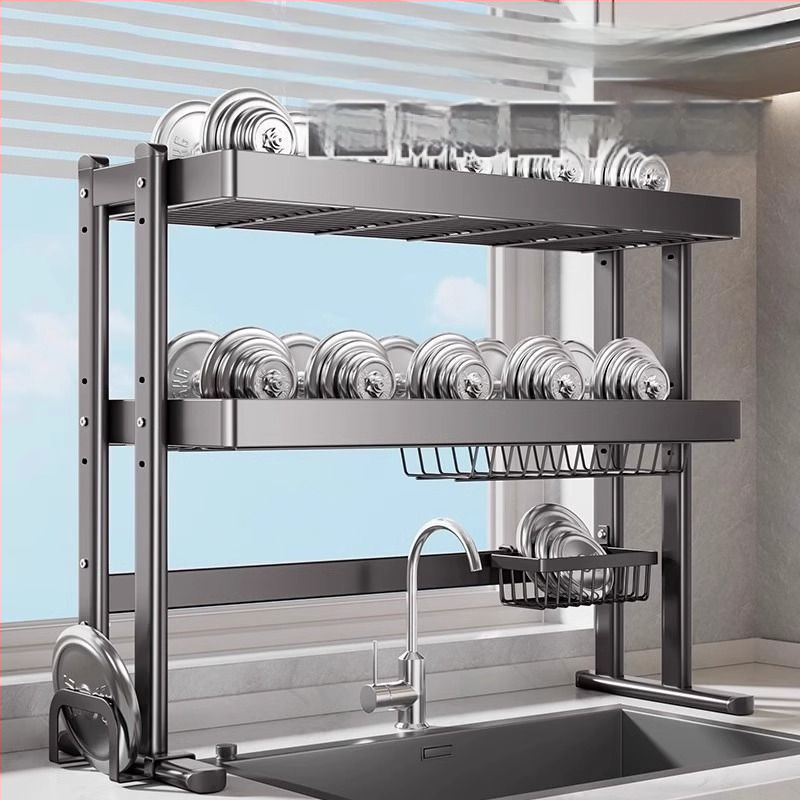 Mosogató fölötti edénytartó állvány, szénacél, többfunkciós konyhai szervező
