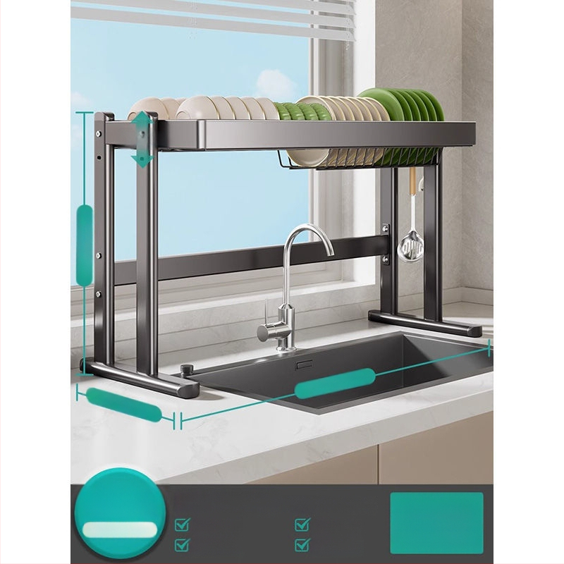 Mosogató fölötti edénytartó állvány, szénacél, többfunkciós konyhai szervező