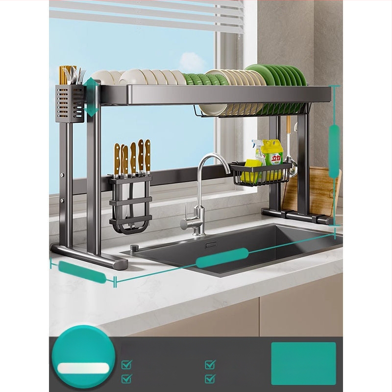 Mosogató fölötti edénytartó állvány, szénacél, többfunkciós konyhai szervező